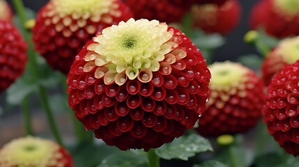 A classic deep red dahlia, water droplets forming perfect beads on each petal, background softly diffused in muted green and warm cream tones, adding depth and contrast.