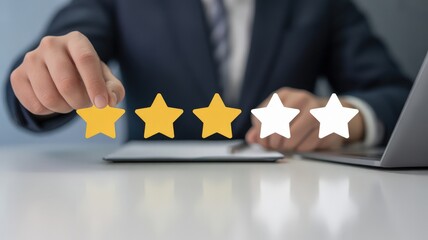 Businessman rating service with stars, customer experience concept.