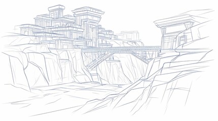 Obraz premium Architectural sketch of a city nestled in a rocky canyon.