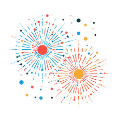 Fireworks burst with colorful red, blue, and yellow rays and dots creating festive and vibrant night celebration graphic element
