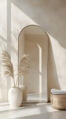 Elegant mirror display with decorative vases in minimalist interior soft lighting modern aesthetic