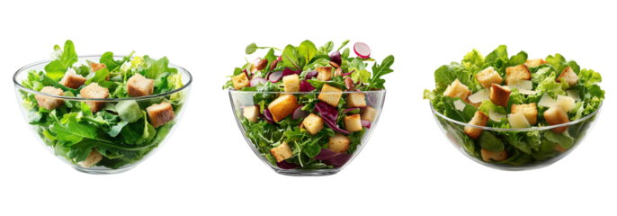 Fresh green salad with croutons in a transparent bowl, isolated on transparent background