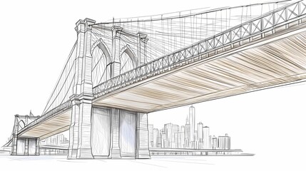 Fototapeta premium Detailed sketch of a suspension bridge over a cityscape.