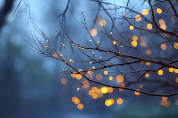 Bare branches with glowing lights against a blurred bluishgray background creating a soft ethereal effect