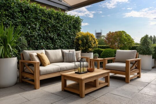 Modern teak patio furniture set on rooftop terrace