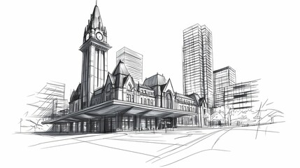 Urban architectural sketch of a train station and surrounding buildings.
