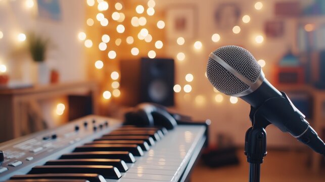 Microphone and keyboard in cozy lit room audio sound recording music hobby entertainment