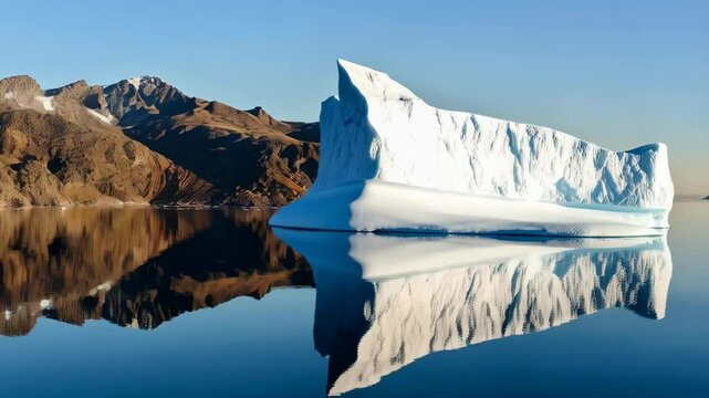 Large white iceberg with reflections floating in calm, blue arctic waters near land with blue sky above during sunny day, melting icecap