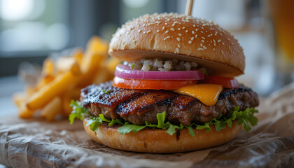 A hamburger with a bun and a side of fries. The burger is topped with onions and tomatoes