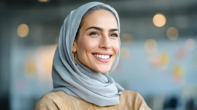Confident Islamic businesswoman spearheading a dynamic team meeting.