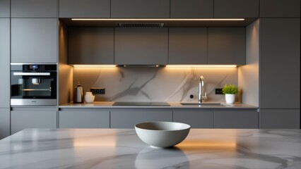 Fototapeta premium Modern studio kitchenette design with dark grey cabinets, marble countertop, warm lighting, potted plant. Concept of studio kitchenette design emphasizes minimalism, interior elegance.
