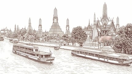 River scene with temples in a hand-drawn style.