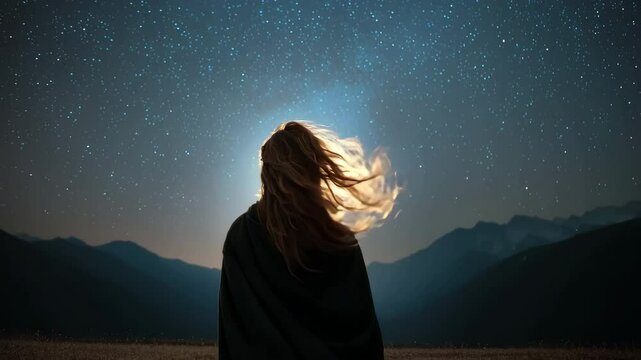 Pulling back from a woman standing alone under the stars in the Himalayas, her long hair gently blown by the wind as she faces the galaxy in silence. 