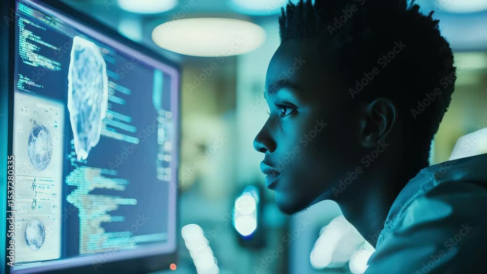 Poster A focused individual examines medical brain scans and code on a computer screen in a high-tech laboratory setting.
