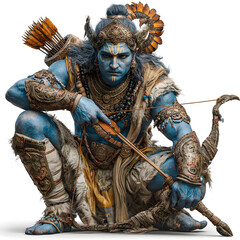 Indian Deity with Bow and Arrow in a Squatting Position on a Clean Background