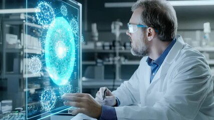 A scientist analyzes complex molecular structures on a transparent digital screen in a high-tech laboratory setting. - Powered by Adobe