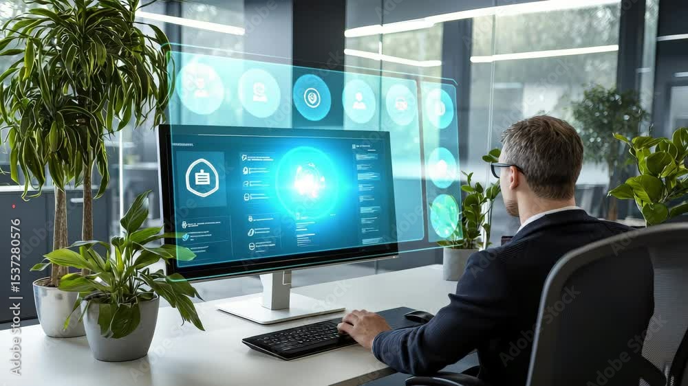 Poster a professional works at a desk with a large monitor displaying cybersecurity data in a modern, plant