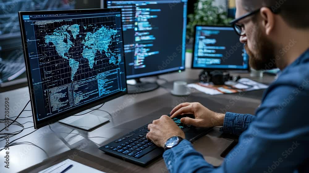 Aufkleber A person working at a desk with multiple monitors displaying code and a digital world map interface.