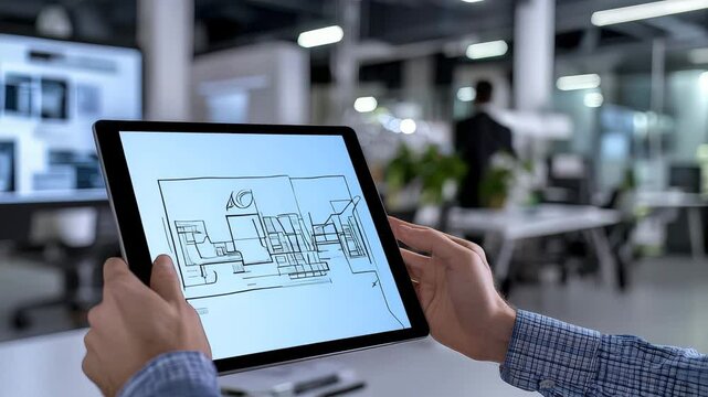 A person holds a tablet displaying digital architectural blueprints in a modern office setting.