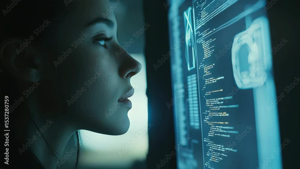 Poster A focused person closely examines a glowing digital interface filled with data and code.