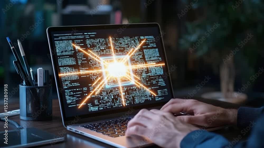 Aufkleber A person is working on a laptop displaying a glowing digital microchip and programming code in a dark workspace.