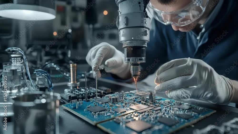 Poster A technician wearing gloves and goggles works carefully on a circuit board under a microscope in a high-tech laboratory.