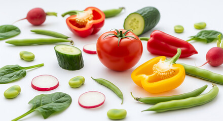Naklejka premium Assortment of fresh vegetables: tomato, bell peppers, cucumber, radish, beans, spinach on white background, showcasing healthy eating concept