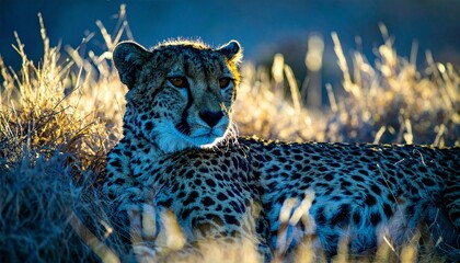 Majestic Cheetah Resting in Tall Grass Under Golden Sunlight