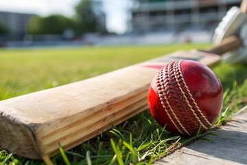 A vibrant and dynamic sports-themed photo, captured from a low angle, showing a red cricket ball on a cricket pitch with a cricket bat lying next to it on the grass.