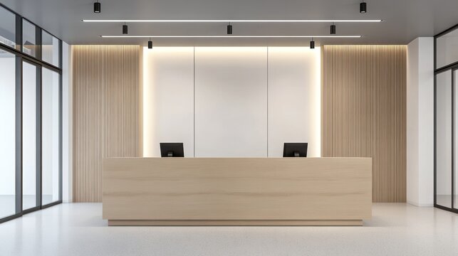 Modern office reception area featuring a wood desk, paneled walls, and ample natural light