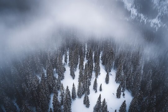 Snowy forest shrouded in mist viewed from above.
