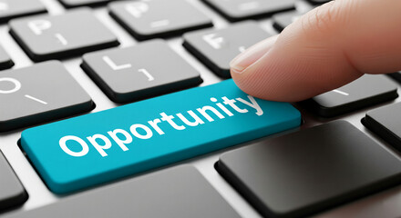Close-up of finger pressing teal "Opportunity" key on keyboard, symbolizing online chance, success, and career advancement