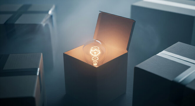 Lit bulb inside open cardboard box, surrounded by closed boxes, showcasing idea, innovation, or discovery concept