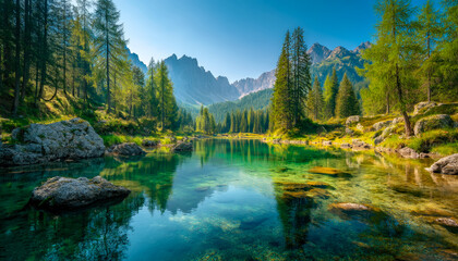 Obraz premium Serene mountain lake surrounded by lush pine forests and towering peaks under clear blue sky