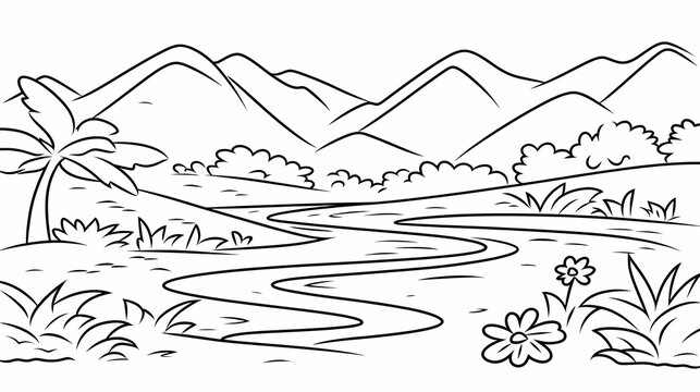 Black and white landscape drawing of a river winding through a valley with mountains and foliage.