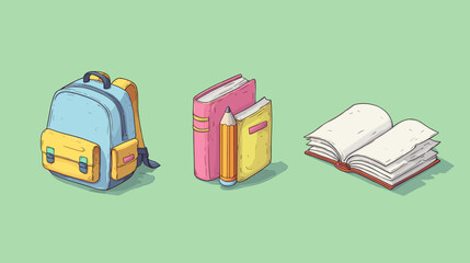 Colorful backpack and stationery set arranged on a soft green background for back-to-school preparations