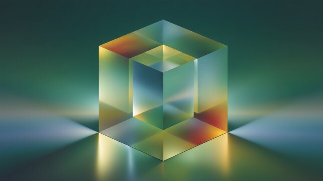 Glass Textured Cube with Light Refractions in Yellow, Green, and Blue Tones

