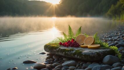 Fruit and Berries on Stone at Lakeside with Foggy Sunrise