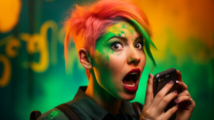 High-contrast stock photo of a pink-haired girl with yellow eyes holding a phone, light hitting her face from a bright green screen