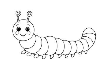 Black and white outline drawing of smiling cartoon caterpillar with small scissors and antennae with letters on white background