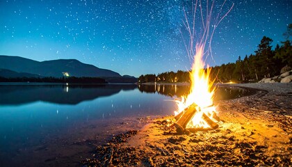 Campfire by a Tranquil Lake Under a Starry Night Sky