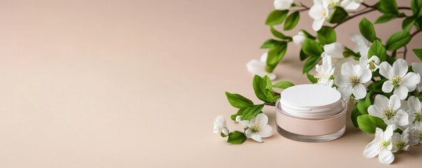 Cosmetic cream jar with white blossoms soft minimalist beauty product image