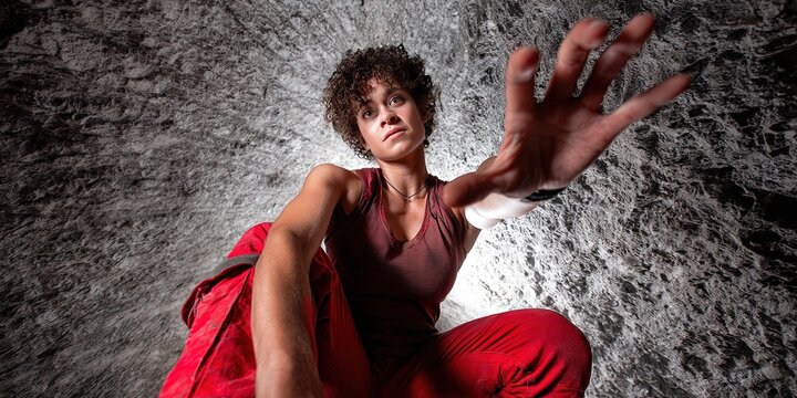 action photo of woman, dynamic angle, spelunking in cave