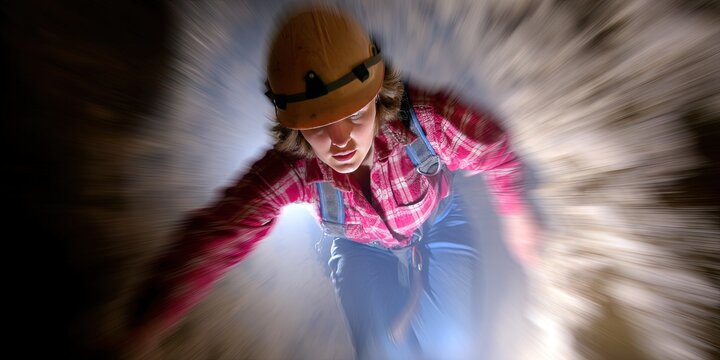 action photo of woman, dynamic angle, spelunking in cave