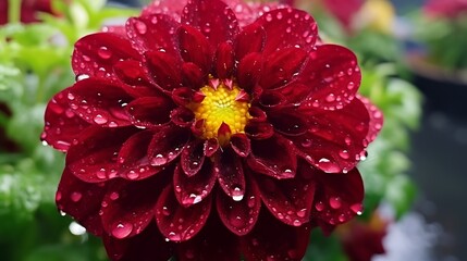A rich burgundy dahlia with glistening water droplets, soft natural light catching each petal, background a deep green with hints of soft bokeh for a dreamy effect.