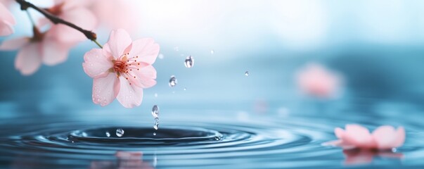 Pink flower petals falling on water surface creating gentle ripples soft pastel colors tranquil scene nature photography