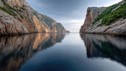 Naklejka premium Red rock formations mirror in calm waters during golden hour, creating a stunning natural landscape along the coast