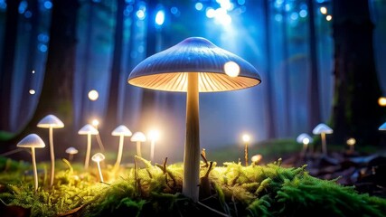 Illuminated mushrooms in a mystical forest landscape with glowing orbs, mossy ground, and enchanting blue light through the trees - Powered by Adobe
