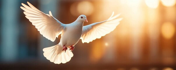 White dove in flight wings outstretched peaceful sunrise or sunset backdrop hope freedom symbolism