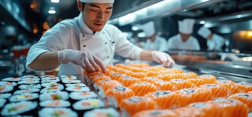 Chef preparing sushi in a busy kitchen